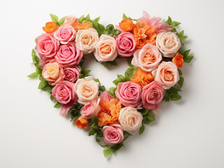 Pink and orange roses form a heart shape with green leaves against white