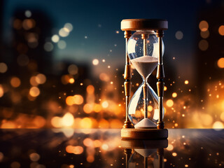 Hourglass atop bokeh city lights symbolizes passing time - obrazy, fototapety, plakaty