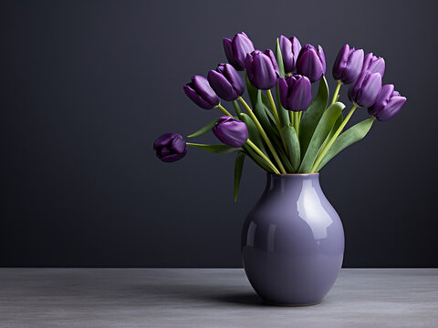 Horizontal perspective showcases vase with vibrant violet tulips