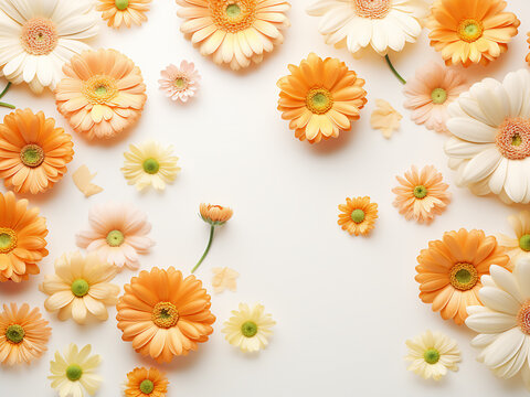 Delicate orange and yellow flowers arranged flat lay on white