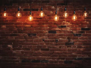 Vintage loft interior with light bulbs against dark red brick wall
