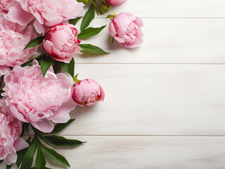Flat lay view showcases peony pink flowers on rustic white background