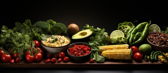 Close up of ingredients for guacamole on black background. - obrazy, fototapety, plakaty