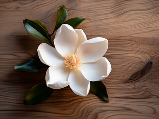 A wooden backdrop sets the stage for a striking magnolia flower