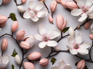 Minimal flat lay magnolia flowers and Easter eggs decor