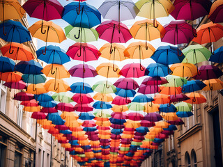 Fototapeta na wymiar A plethora of colorful umbrellas adorns the streets in joyful display