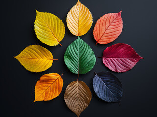 Obraz premium A multitude of differently colored leaves adds depth to the gray background