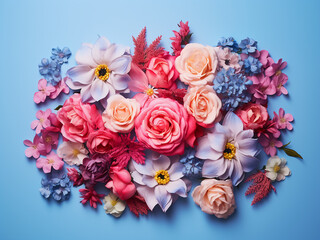 Abundance of flowers adorns a pink and blue background