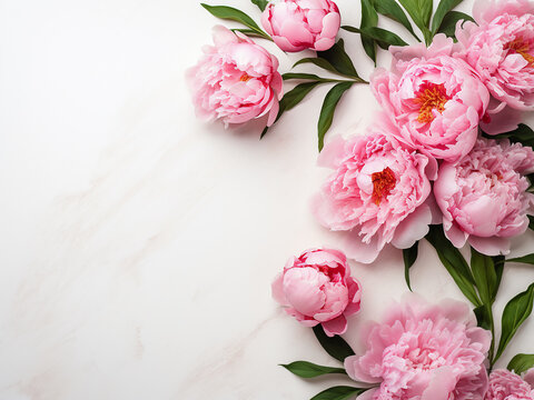 Space provided for text alongside lovely peony pink flowers on rustic white background