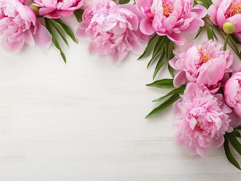 Peony pink flowers creatively arranged on rustic white backdrop
