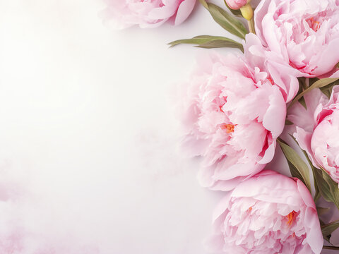 Rustic white background hosts lovely peony pink flowers with space for text