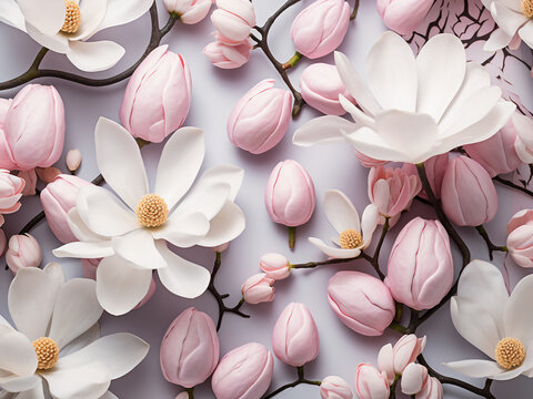 Delicate magnolia flowers and Easter eggs form a serene and understated flat lay scene