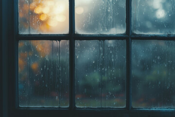 Raindrops on a Window with Blurred Golden Lights Offering a Moody Atmosphere - obrazy, fototapety, plakaty