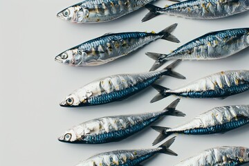 Sardines arranged neatly in rows on a white background.