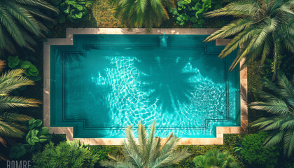 Elegant drone shot: Modern square pool, palm tree enclave, exuding 70s style allure.generative ai - obrazy, fototapety, plakaty