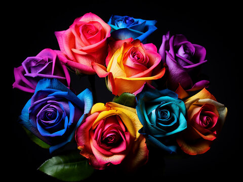 Black background enhances the vibrancy of multicolored roses