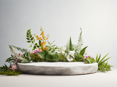 White marble podium is encircled by natural elements like grass, leaves, and flowers