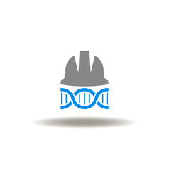 Vector illustration of hard hat and dna helix. Icon of genetics. Symbol of gene engineering.