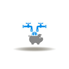 Vector illustration of piggy bank and two taps with coins cash flow. Icon of revenue multiplication. Symbol of profits.