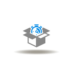 Vector illustration of open box and stopwatch. Icon of product agile development. Symbol of express delivery, fast delivery.