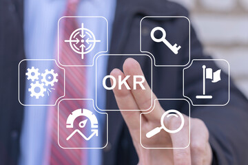 OKR Objectives Key and Results Business concept. Business target, drive and performance. Focus on...
