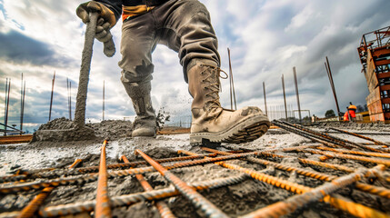 Construction Worker Pouring Concrete onto Metal Framework at Building Site