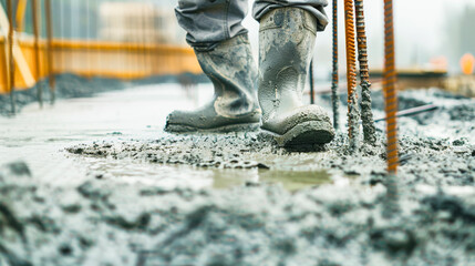 Skilled Worker in Protective Gear Pouring Cement for Construction Foundation