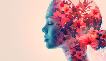 Double exposure illustration of a woman's profile and flowers, representing mental health and women's day empowerment.