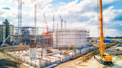 Industrial Construction Site with Tanks and Cranes Under Development
