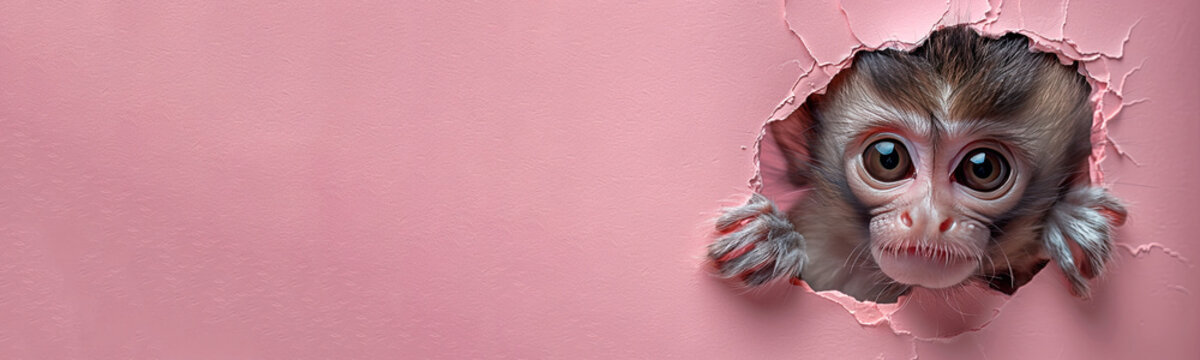 Banner with a little monkey head peeking through a hole in pale pink paper wall.