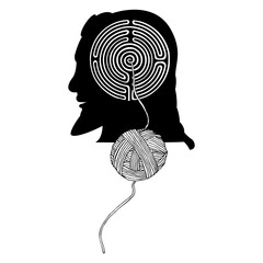 Head of a bearded Ancient Greek man with a round spiral maze or labyrinth and a yarn ball symbol. Ariadne's thread. Mythological concept. Daedalus, King Minos or Theseus. Black and white silhouette.