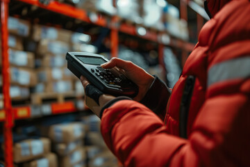 Logistics Specialist Using Handheld Scanner to Track Inventory in a Modern Warehouse