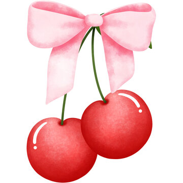 Pink coquette cherry bow clipart, Hand drawn watercolor illustration.