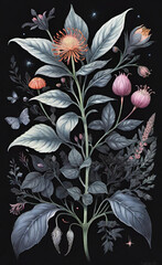 Primer plano de macizos de flores en flor de increíbles flores negras sobre un fondo de textura floral de humor gótico oscuro. Efecto fotorrealista. - obrazy, fototapety, plakaty