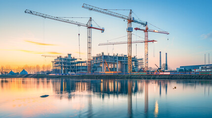 Construction Site with Cranes and Partially Built Structure Reflected in Water at Sunset