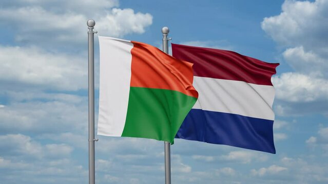 Netherlands and Madagascar two flags waving together, looped video, two country relations concept