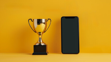 trophée en or à côté d'un smartphone avec un écran vide, pour la meilleure application mobile, fond jaune - obrazy, fototapety, plakaty