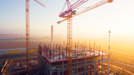 Building Construction: Site with Sunrise/Sunset Glow, Cranes, and Ongoing Development".