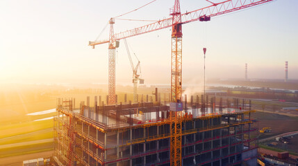 Aerial View of Construction Site with Cranes and Partially Built Structure in Golden Hour Light