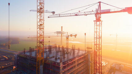 Aerial View of Construction Site with Cranes and Partially Built Structure in Golden Hour Light