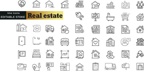 Real estate icons set. Set of 55 Real estate outline icons collection. Rent, building, agent, house, auction, realtor, property, mortgage, home and more
