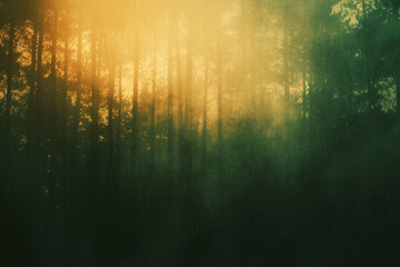 Enigmatic Forest in Morning Mist with Golden Sunrays