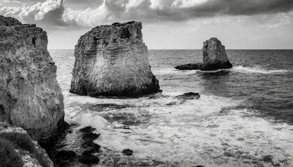 Vintage-style black and white seascape photo of a rocky shoreline with rough waves. - 780145900