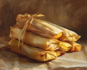Tamales in corn husks, gentle softcolor table, dusk light, side view, pastel drawing