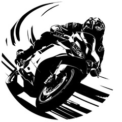 A vibrant, circular vector logo featuring a motorcycle racer in mid-lean on a high-speed turn, accented with speed lines and a stylized racetrack background.