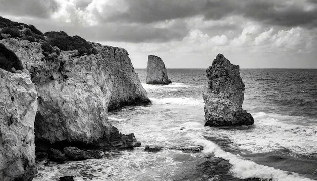 A timeless black and white photo of a rugged coastline with crashing waves, conveying the ocean's power.