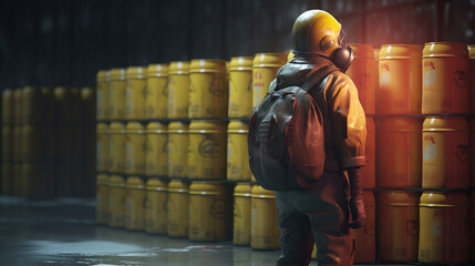 Chemical worker carrying canisters with hazardous materials - obrazy, fototapety, plakaty