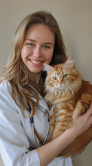 Young blonde veterinarian girl with blue eyes, friendly and smiling, wearing a white doctor's coat and holding a large cat in her arms.