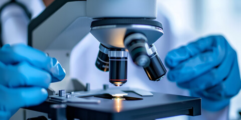 A scientist in blue gloves examines a specimen under a microscope., A Scientist's Journey Through the Lens"