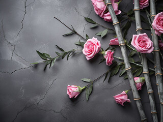Gray bamboo contrasts with weathered cement, accentuating pink roses